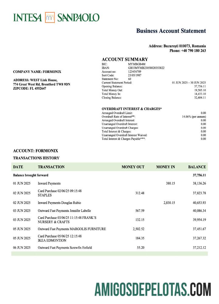Baixável Romênia Intesa Sanpaolo Business modelo de extrato de conta Word e PDF